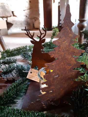 Teelichthalter mit Hirsch und Tanne