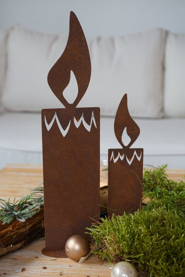 Lot de 2 bougies en rouille décorative sur socle