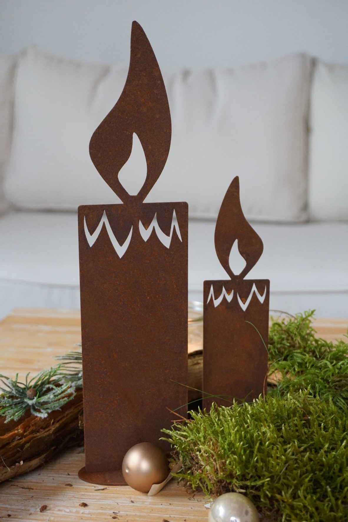 Rust-Effect Candles on Base Plate, Set of 2