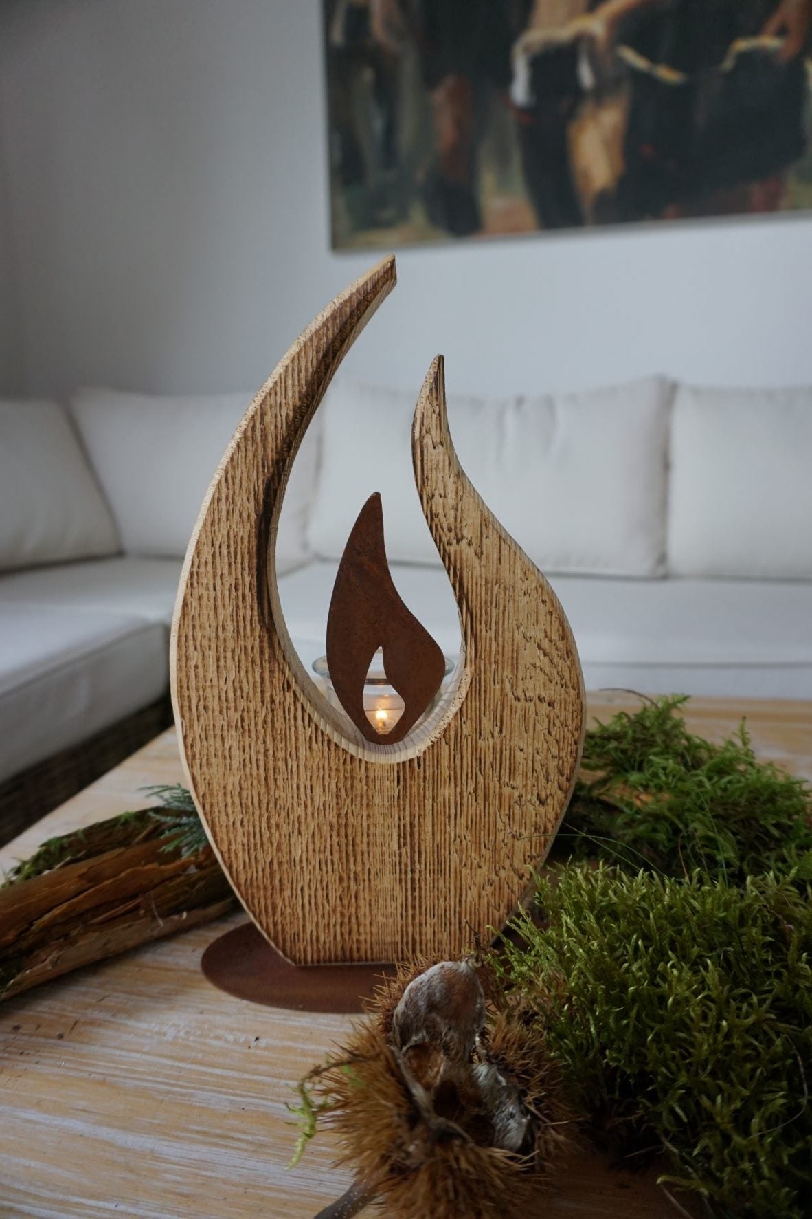 Tischleuchte "Flamme" - Edelrost - Holz