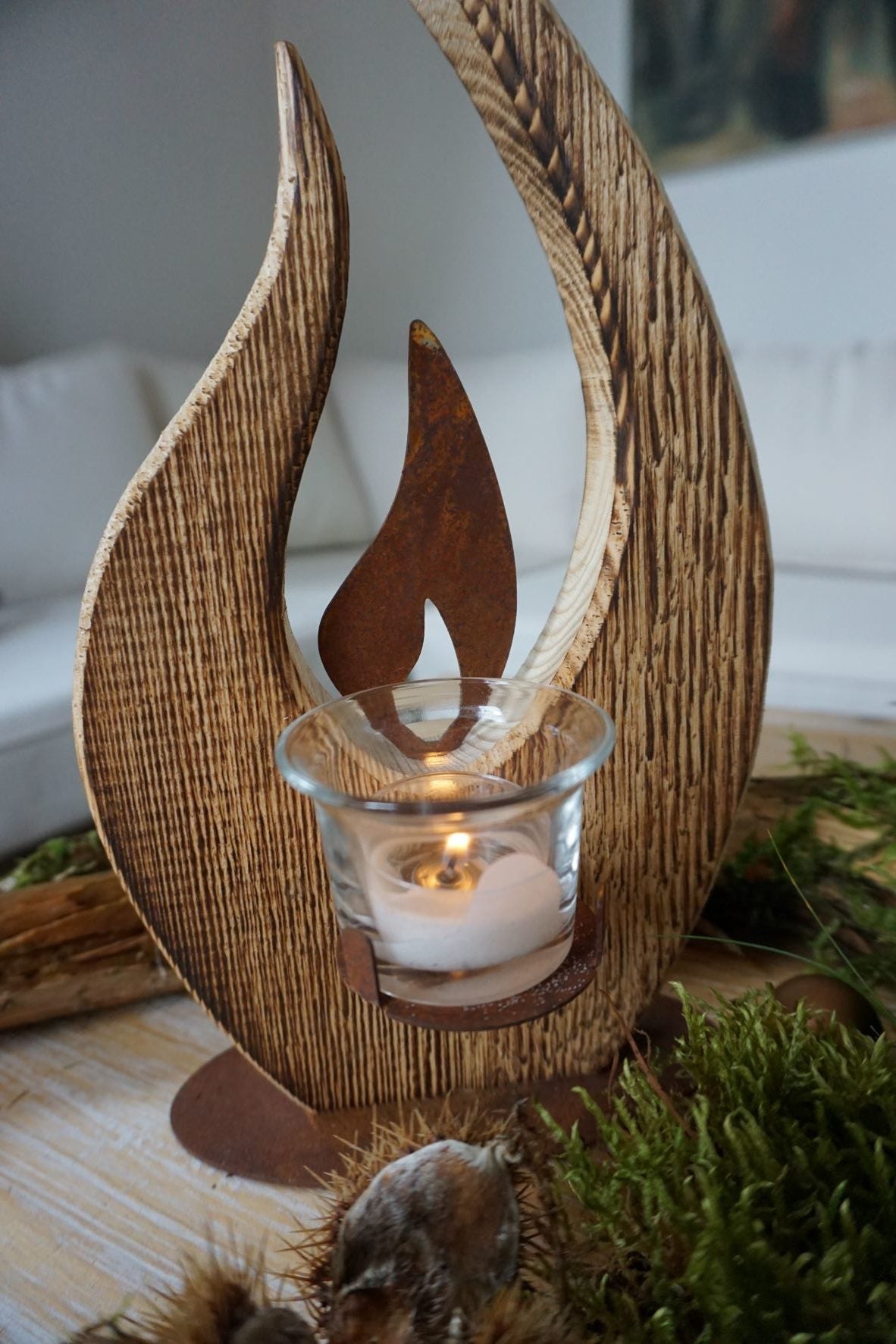 Tischleuchte "Flamme" - Edelrost - Holz