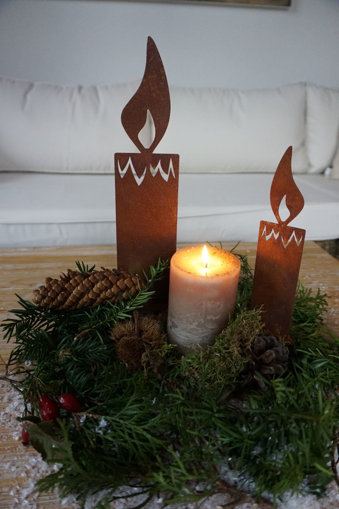 Rust-Effect Candles on Base Plate, Set of 2