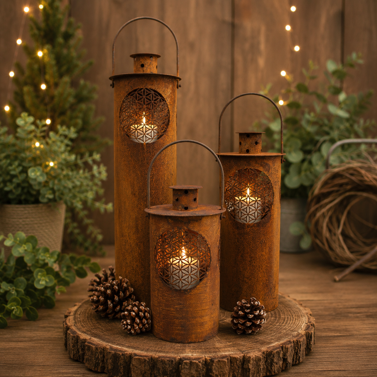 Edelrost Gartenlaterne Vita mit Blume des Lebens Muster und Kerze – Outdoor-Dekoration Cortenstahl

