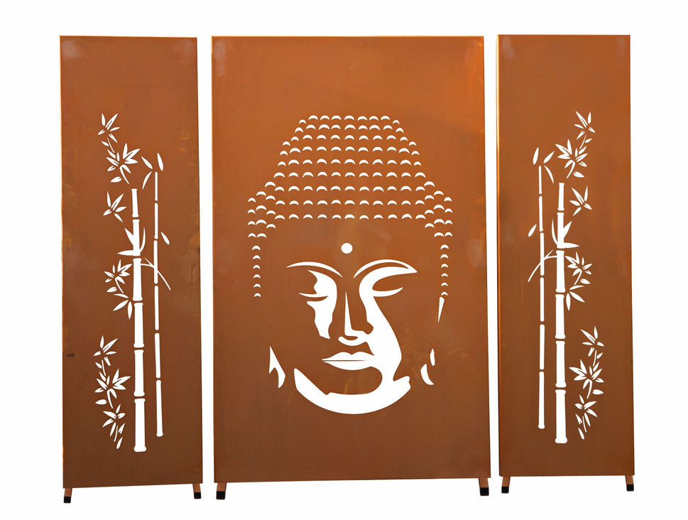 Edelrost Sichtschutzwand  "Buddha" 3-teilig