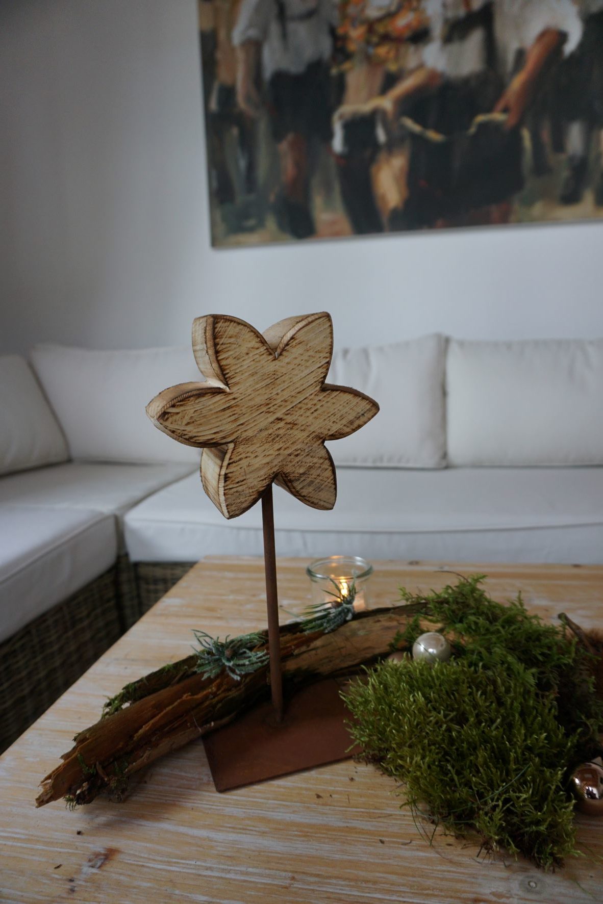 Holzblume angeflammt mit einem Standfuß aus Edelrost-Metall